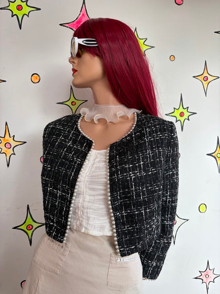 Y2K Tweed Cropped Blazer Black White Faux Pearl Trim Preppy Glam Coquette SM