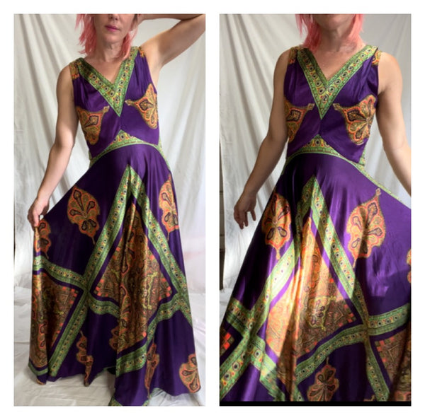 Vintage 60s 70s | Groovy Purple Paisley Bohemian Hippie Maxi Dress | Size L