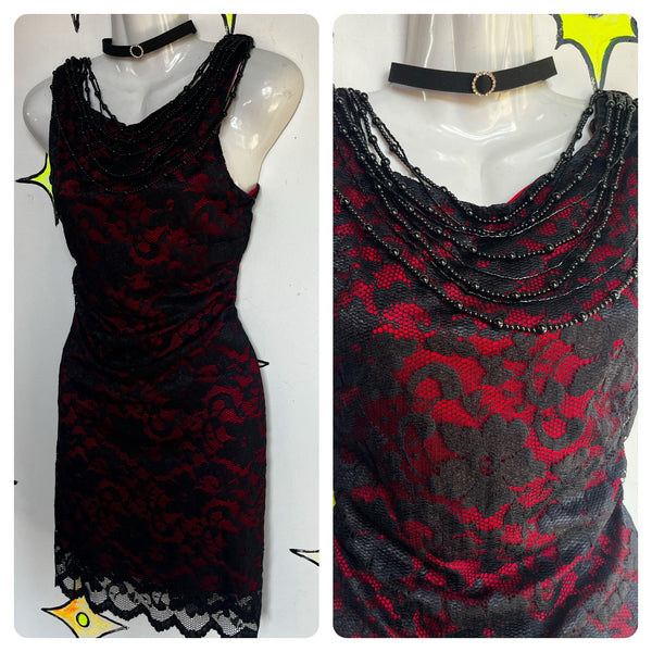 Vintage 90s Y2K | Black Red Lace Fairy Grunge Goth Cowl Neck Slip Dress | L