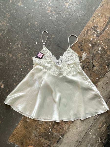 Ivory Satin & Lace Beaded Slip Dress Romantic Fairy Whimsy Grunge Mori Kei M