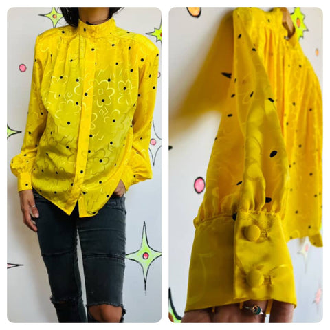 Vintage Retro 80s Bright Yellow & Black Polka Dot Floral Secretary Blouse Size 8