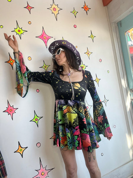 Black Velvet Alien Neon Scene Mini Dress - Bell Sleeves Rave Festival Hippie L