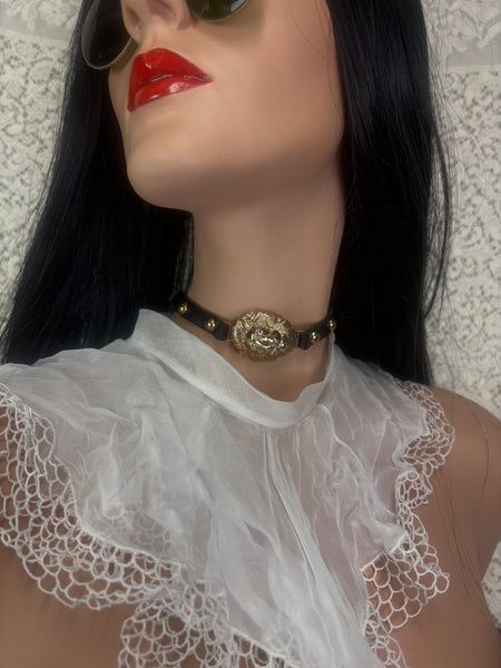 Vintage 80s Black Vegan Leather Lion Choker Collar - Gold Tone Hardware