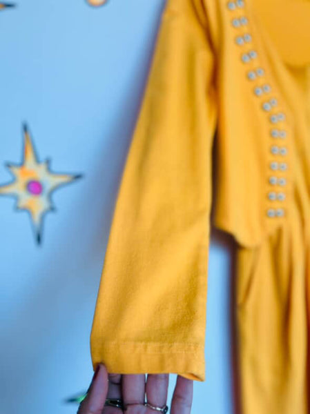 Vintage 80s Bright Yellow Studded Zip-Up Jumpsuit | One Piece Party Outfit | M