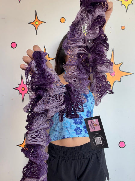 Y2K Purple Crochet Scarf Fairycore Shabby Chic Metallic Knit Wrap Ruffle Boa