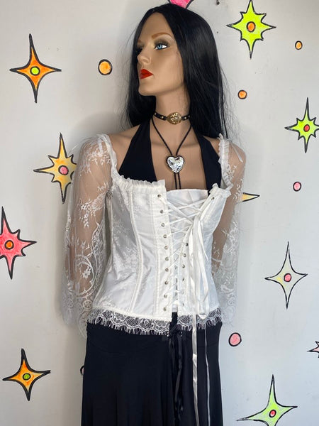 White Lace Corset Top | Fairy Grunge Medieval Balletcore Coquette Blouse – M