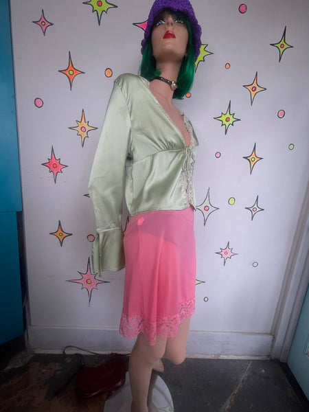 Green Satin Lace Layering Top Fairy Grunge Babydoll Lingerie Style S/M