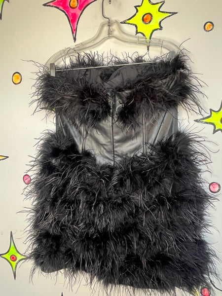 Black Feather Bustier Dress Party Mini Feather Trim Pleather Glam Night Out M/L