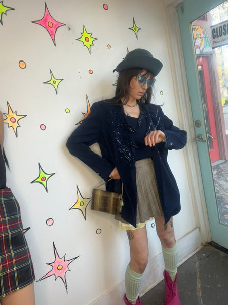 Vintage 90s Navy Beaded Abstract Sculptural Blazer Avant Garde Art Glam - L/XL
