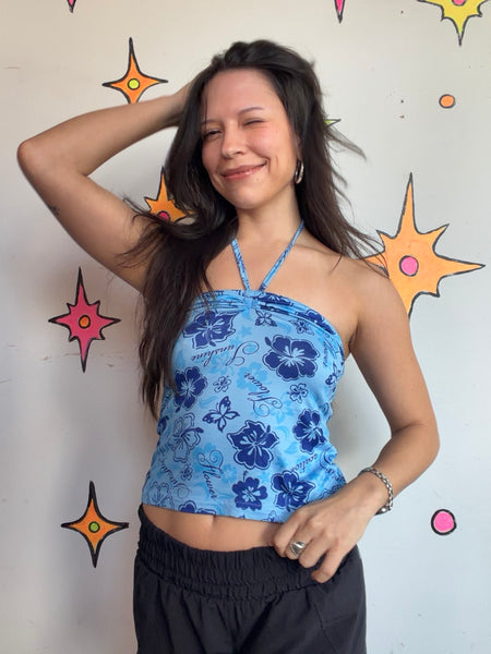 Y2K Tropical Halter Top | Hawaiian Floral Resort McBling Summer Crop Top S