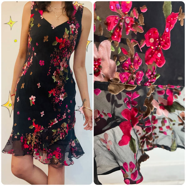 90s Y2K Black Witchy Boho Silk Fairy Grunge Slip Dress – Siren Floral Beaded 6P