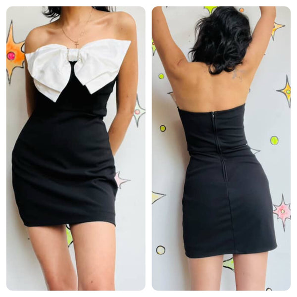 Vintage 90s Y2K | Black and White Big Bow Glam Mini Slip Party Dress | Size 7/8
