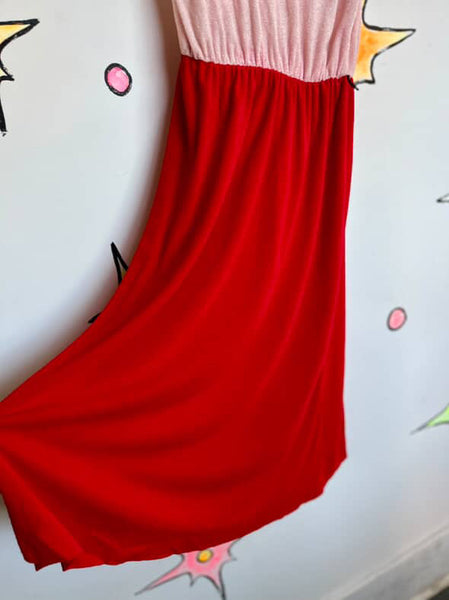 Retro 70s Pink & Red Terry Cloth Midi Dress – Soft Lounge Boho Resort Style S/M