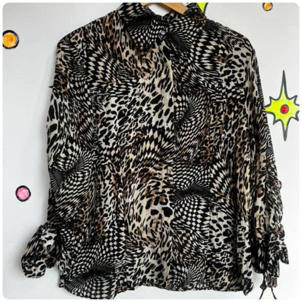90s Y2K Leopard & Geometric Optical Illusion Print Glam Blouse – Le Caviar – XL