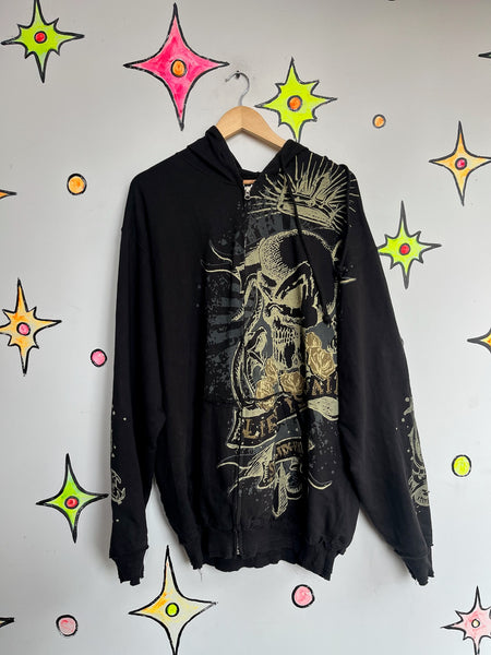 Vintage Y2K Black Mall Goth Grunge Fairy Tattoo Print Affliction Style Hoodie XL+