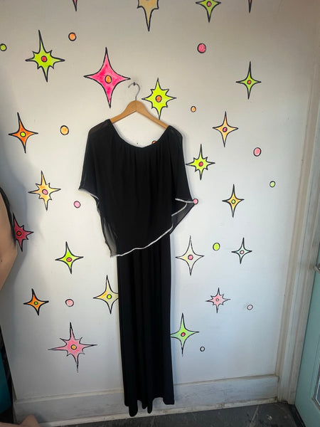 Vintage Y2K Black Off-Shoulder Rhinestone Jumpsuit | Disco Glam Party – XL