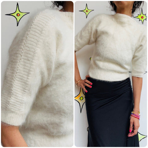 Vintage 50s 60s | White Beaded Fuzzy Cozy Angora SweaterTop | XS