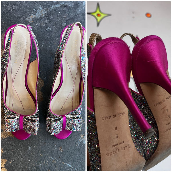 Kate Spade Glitter Peep Toe Heels – Coquette Y2K Sparkly Silver Glam Pumps – 9