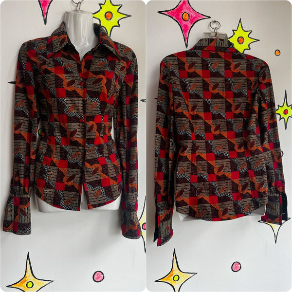 Vintage 70s | Groovy Abstract Art Disco Polyester Fitted Collar Shirt | M