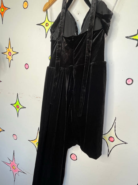 Black Velvet Beaded Gown Sheer Cutout Gothic Formal Dress with Train Size M