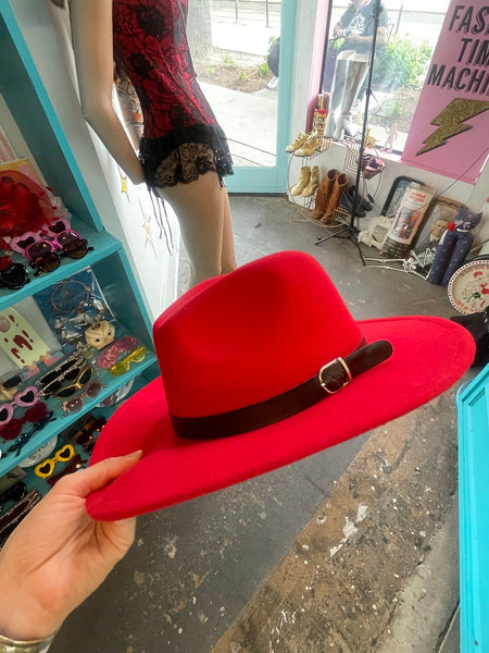Cherry Red Felt Western Boho Hat Wide Brim Grunge Festival Fedora