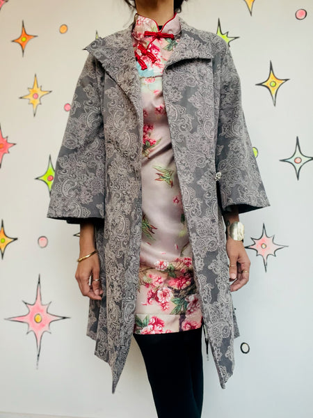 Y2K Silver Paisley Print Coat | Vamp Glam Goth Fairycore Romantic Medium - M