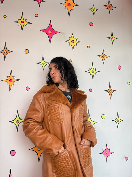 Vintage 70s Vinyl Sherpa Coat Faux Fur Penny Lane Jacket Boho Hippie Retro XL