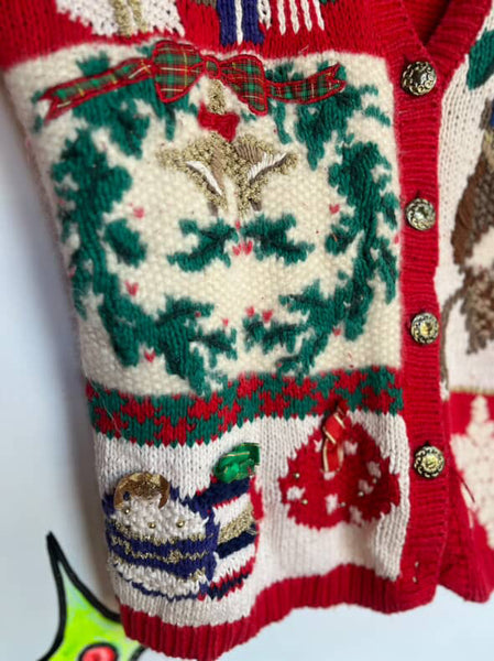 Vintage Red Christmas Sweater Tree Presents & Owl Ugly Xmas Party Sweater – M