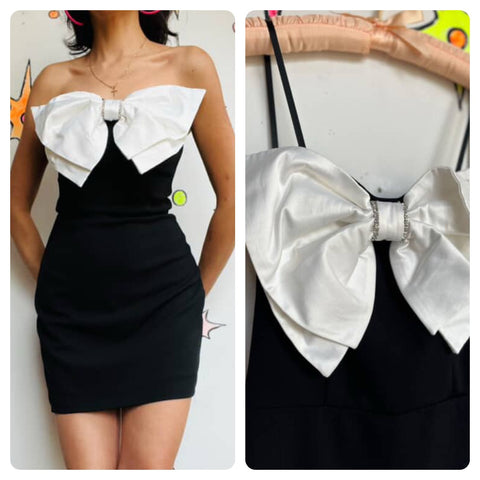 Vintage 90s Y2K | Black and White Big Bow Glam Mini Slip Party Dress | Size 7/8