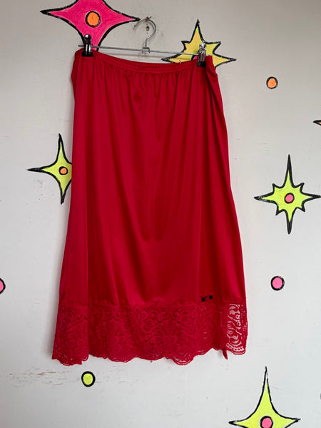 Vintage Crimson Red Nylon Lace-Trim Half Slip w Side Slit Fairy Goth Babydoll ML