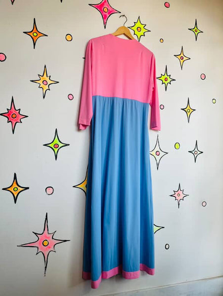 Vintage 60s 70s Vanity Fair Pink Blue Nylon Nighty Robe | Babydoll Grunge | 16