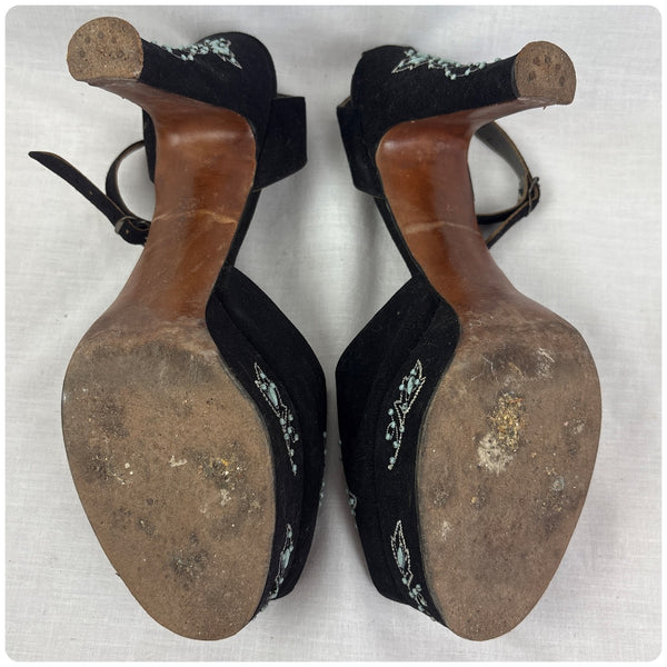 Vintage 1940s Black Embellished Peeptoe Platform Heels Designer Shoes - 7 - 7.5