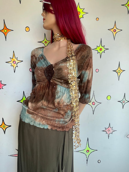 Y2K Blue & Brown Tie-Dye Crochet Embellished Top Fairy Grunge Boho Mori Kei L