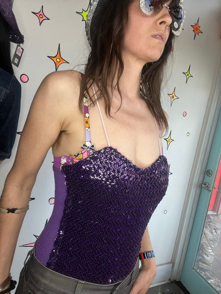 Vintage Dance Costume | Purple Sequin Showgirl Burlesque Circus Leotard Playsuit