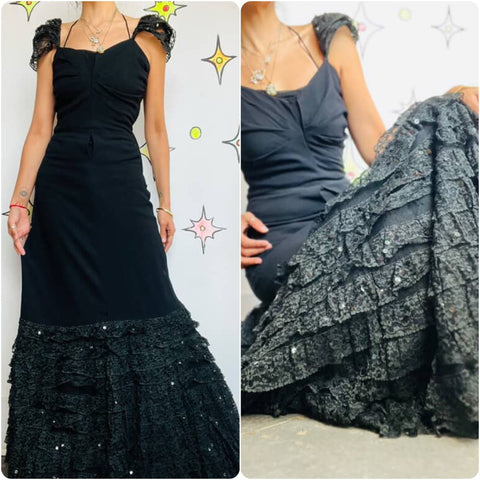 Vintage Tulle Mermaid Ruffle Hem Maxi Dress Black Lace Old Hollywood Glam 1930s