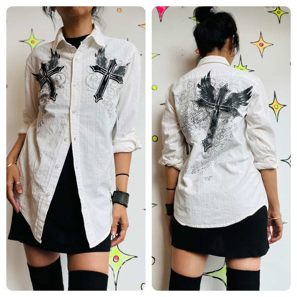 Y2K Affliction Style Tattoo Print Button-Up Black & White Long Sleeve Shirt - S