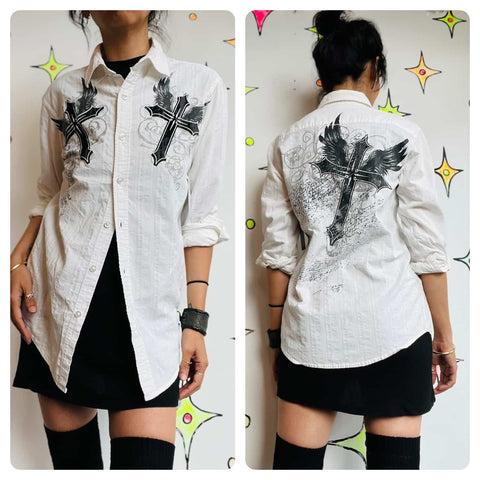 Y2K Affliction Style Tattoo Print Button-Up Black & White Long Sleeve Shirt - S