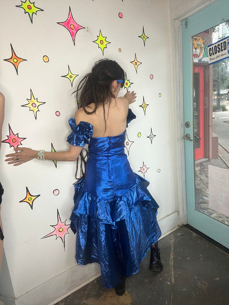 Vintage 80s Blue Metallic Party Dress Glam Poofy Prom New Wave Gown M