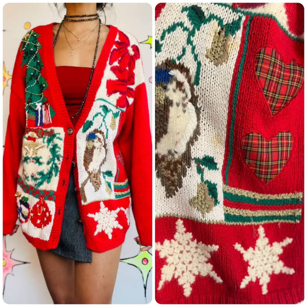 Vintage Red Christmas Sweater Tree Presents & Owl Ugly Xmas Party Sweater – M