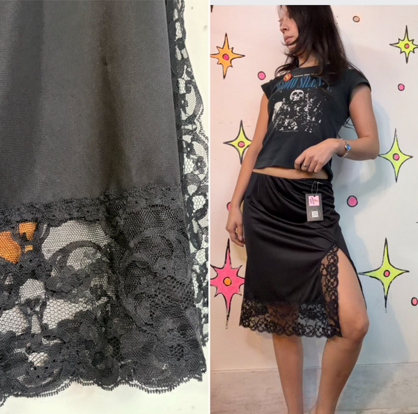 Vintage Black Nylon Half Slip | Lace Trim Lingerie Slip Skirt Fairy Goth M