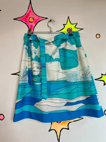 Vintage Groovy 60s 70s Nautical Sailor Art Print 2 Piece Mod Mini Dress Set S M