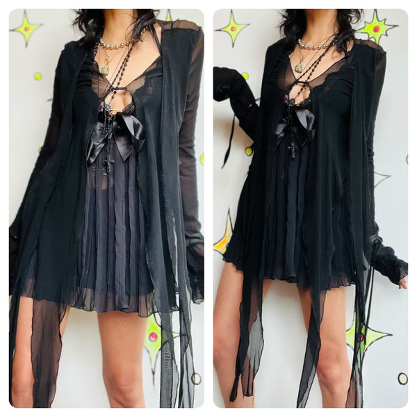 Vintage Y2K Sheer Black Mesh Deconstructed Fairy Goth / Post-Apocalyptic Top