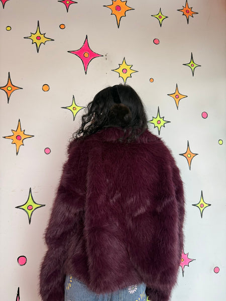 Y2K Purple Faux Fur Coat Plush Teddy Jacket Goth Glam McBling Cozy Grunge L XL