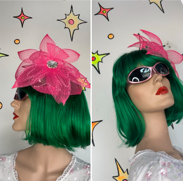 Pink Glitter Fascinator Flower Headpiece Barbiecore Tea Party Glam