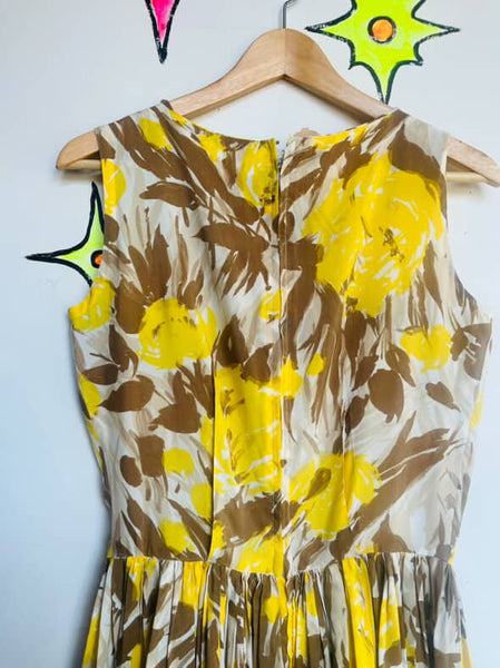 Vintage 1950s Yellow Rose Print Fit & Flare Dress Full Skirt Fairy Grunge | 5/6