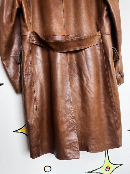 Vintage 70s Brown Leather Coat | Long Trench-Style Jacket | Worn-In Patina ML