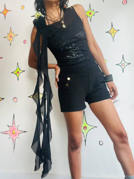 Vintage Y2K | Stretchy Black Whimsy Goth Sheer Mesh Grunge Fairy Top | S - M