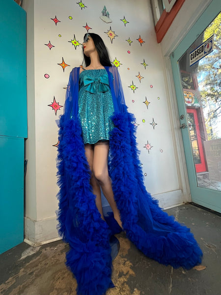 Old Hollywood Decadent Blue Chiffon Ruffle Robe – Sheer Lingerie Boudoir Glam