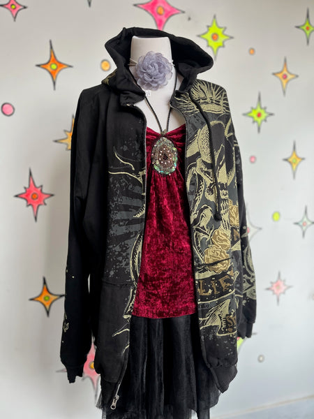 Vintage Y2K Black Mall Goth Grunge Fairy Tattoo Print Affliction Style Hoodie XL+
