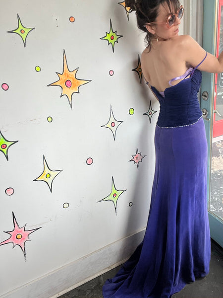 90s Y2K Royal Purple Sweetheart Ruched High Slit Rhinestone Maxi Prom Dress XS/S